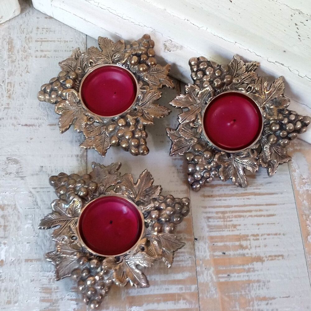Y2K Vtg Silver Grape Leaf Tealight Holder Set Trio Votives Cottagecore Tuscan